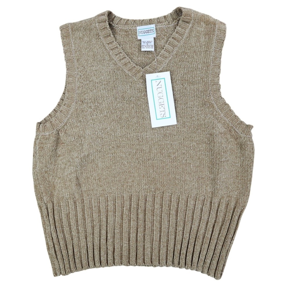 Nuggets Sweater Vest Small Vintage 90s Tan Acrylic V-Neck Ribbed Deadstock NWT